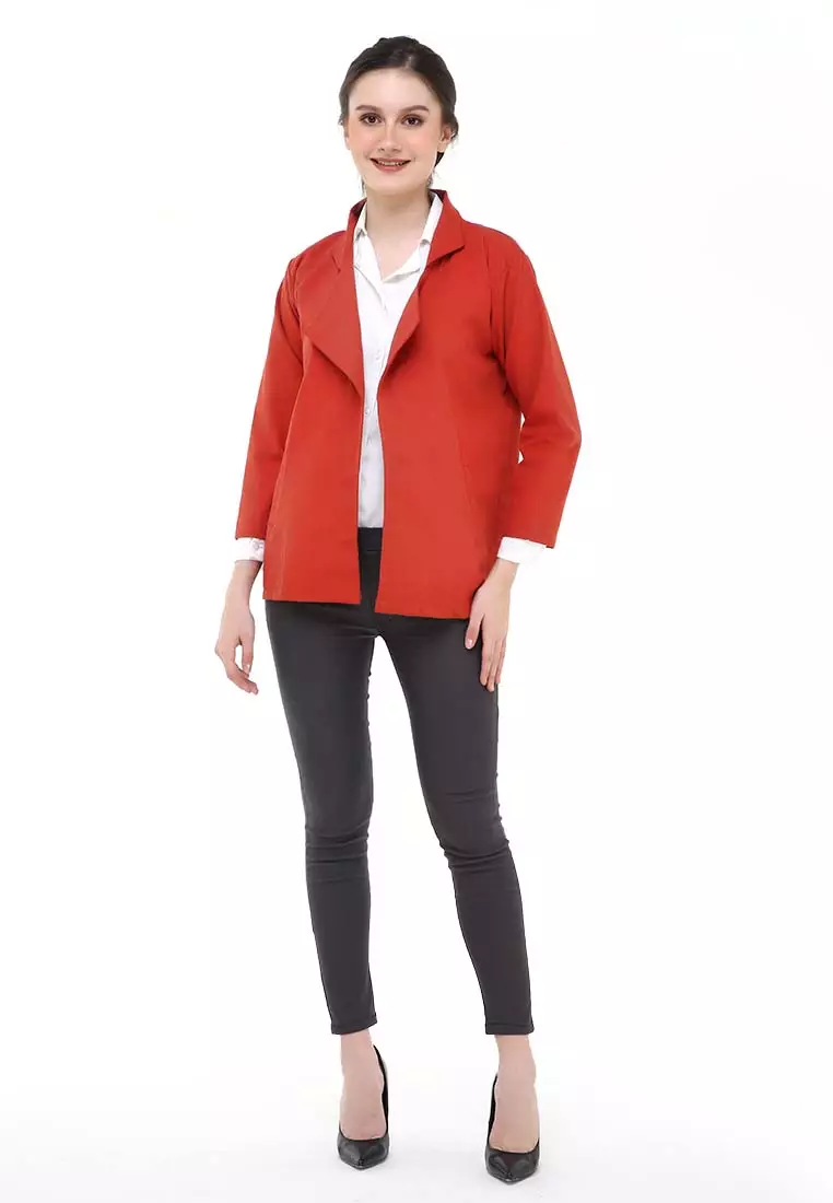 Qemsya Jas Blazer Wanita Long Outer Casual Suit Material Baby Canvas ORIGINAL - Coral