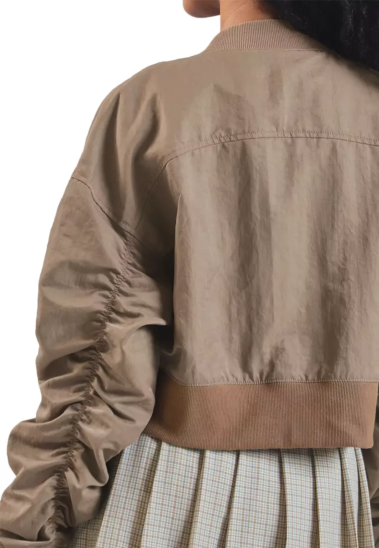 Cropped Bomber Jacket with Ruched Sleeves