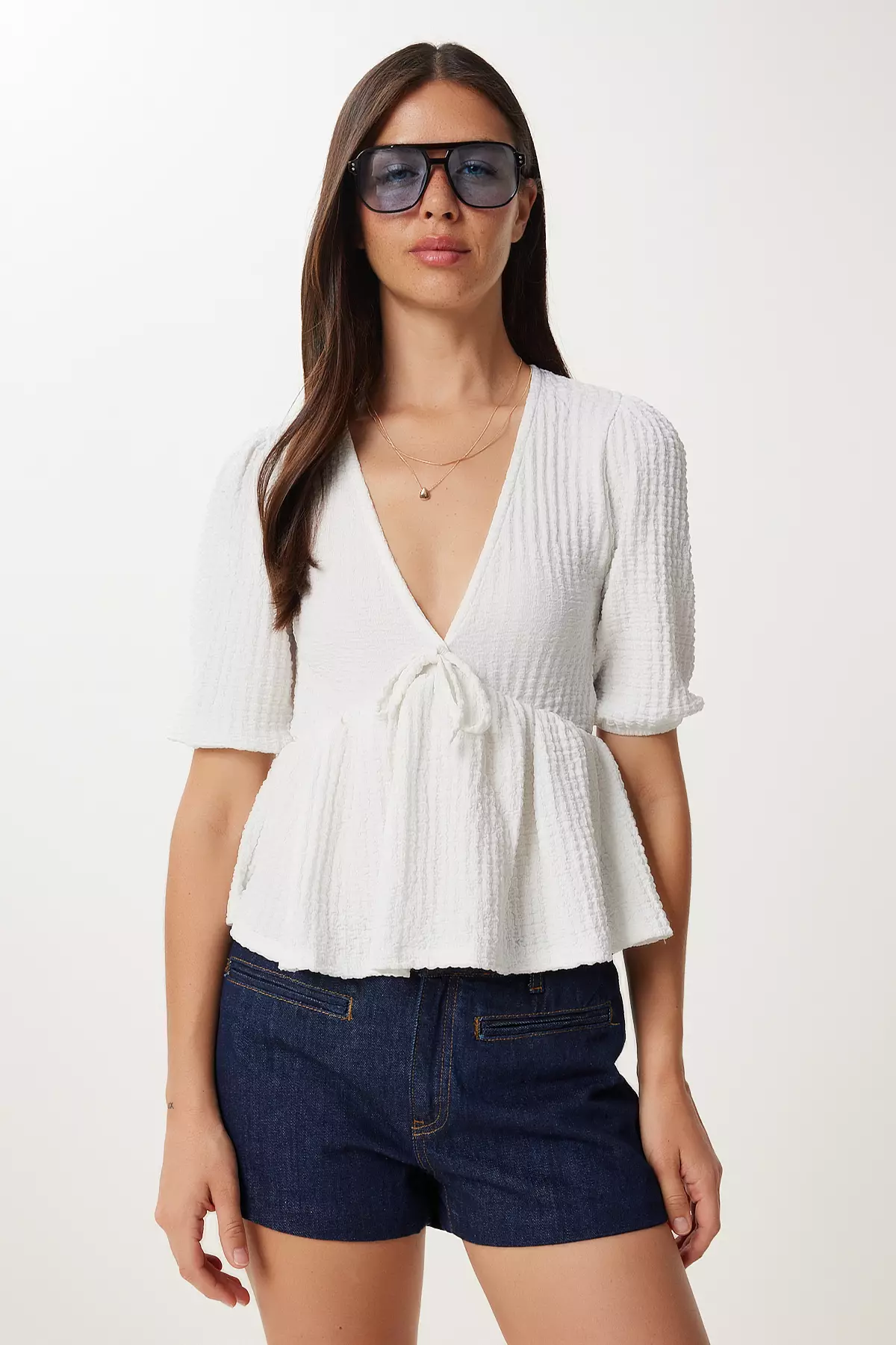 Women's Ecru Textured Flounced Flexible Crinkle Knitted Blouse Zv00338