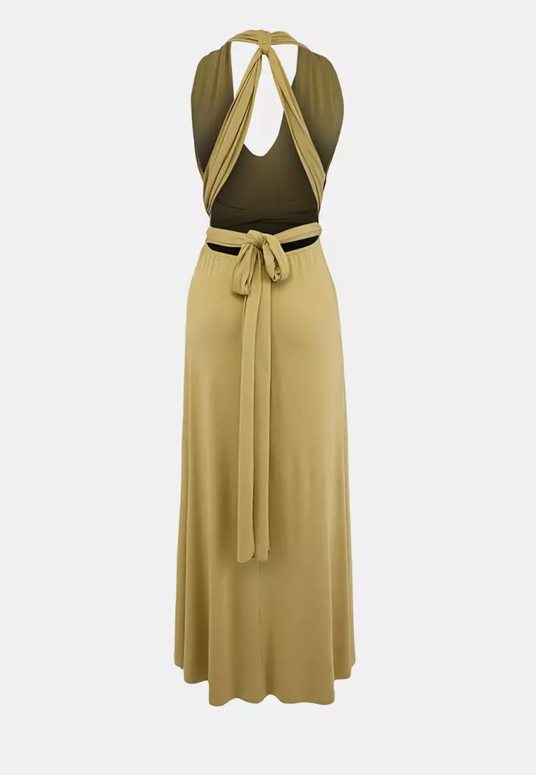 Light Khaki Knitted Maxi Beach Dress With Tie Detail Tbess21El2992