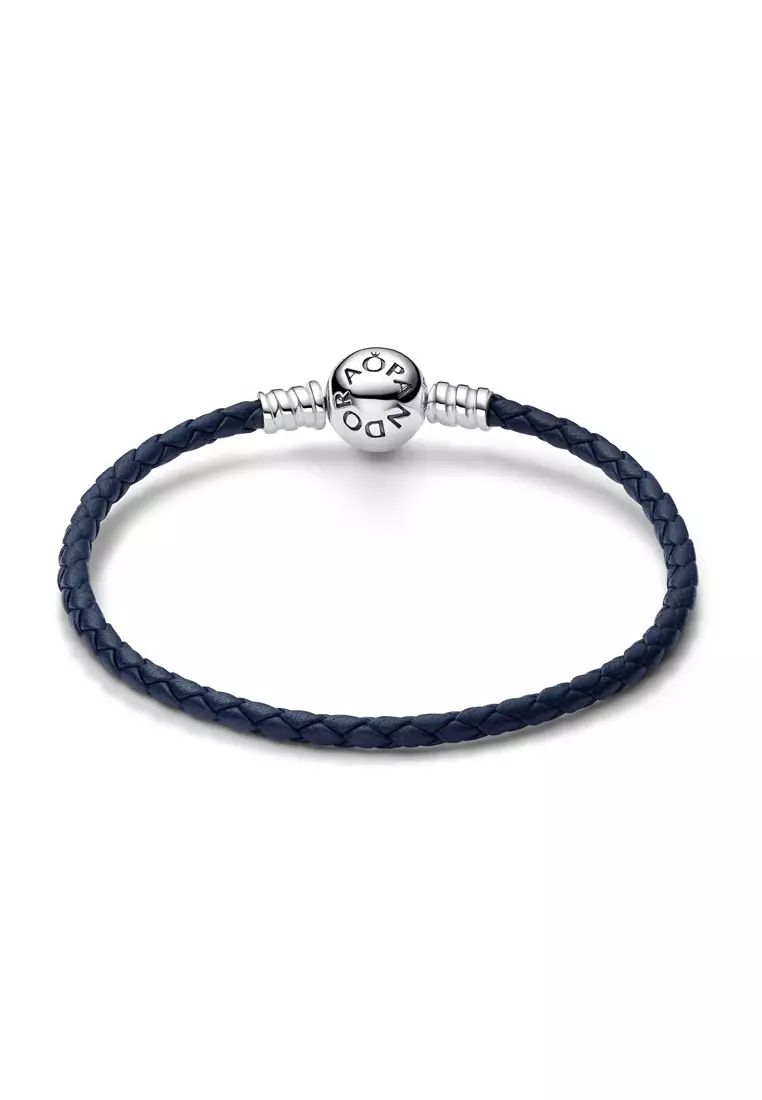 Pandora Moments Round Clasp Blue Braided Leather Bracelet