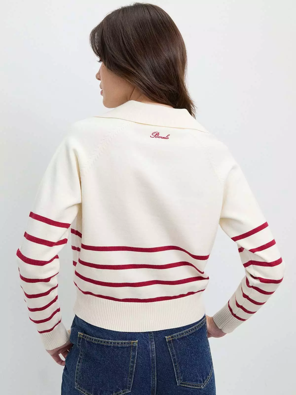 Pomelo - Sweater Wanita - Half-Zip Striped Knit Polo Sweater - Ivory