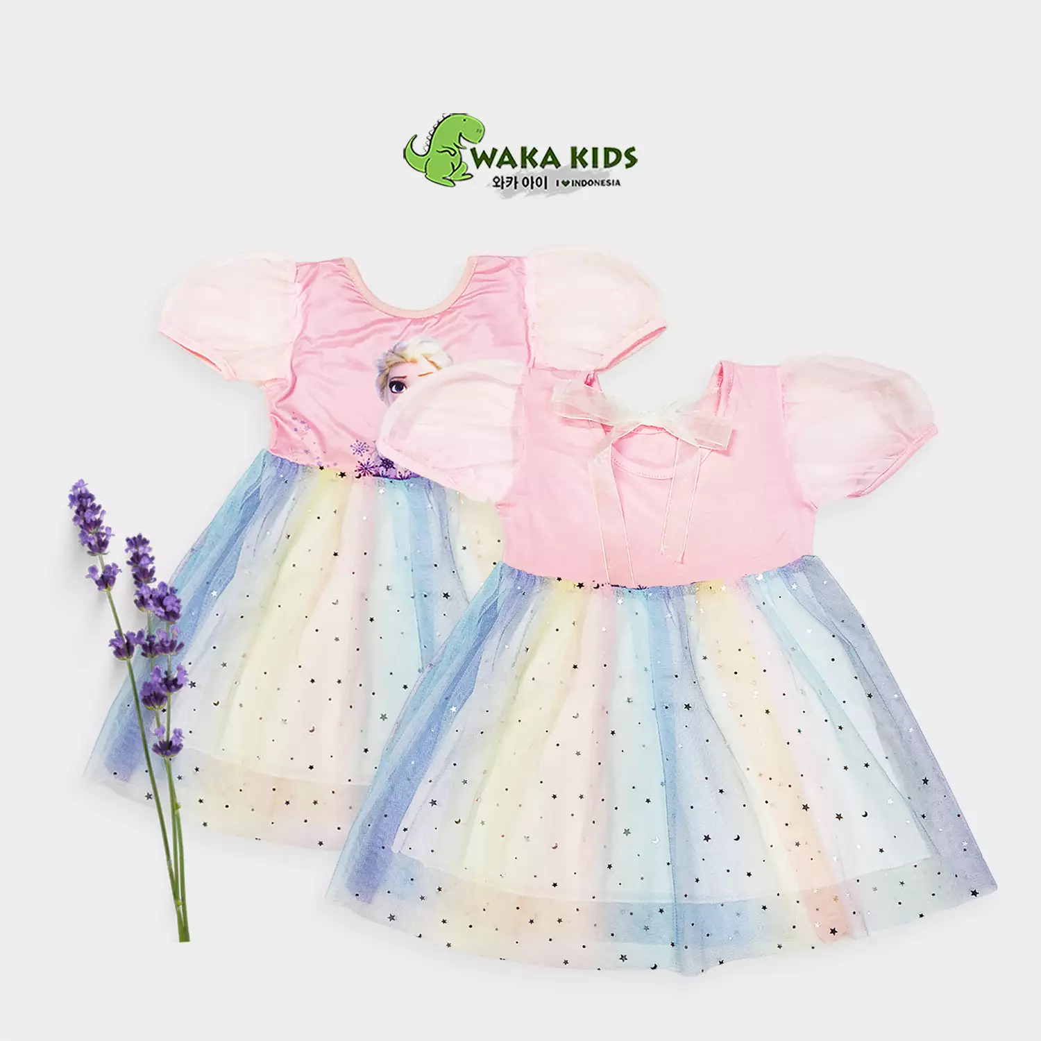 Wakakids Dress Anak Perempuan Lengan Pendek Karakter Frozen Gaun Sequin Tutu Rainbow 4491 Venrz Pink
