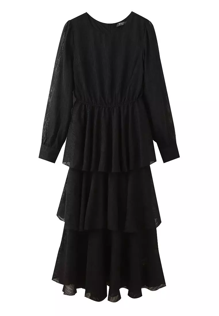 Layered Ruffle Cake-Style Mid Dress with Textured Fabric [DA10169]