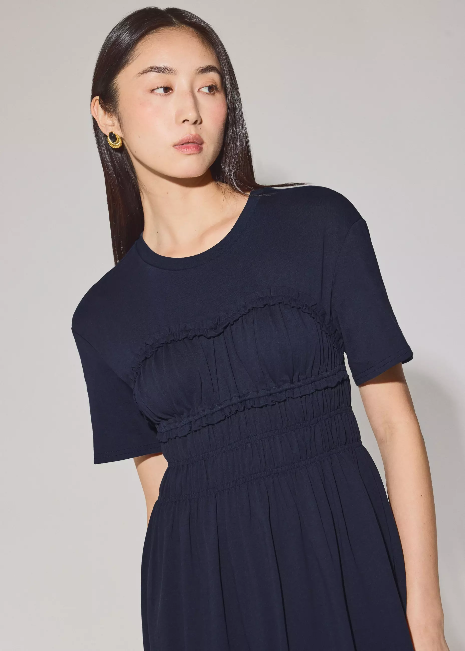 Dress Wanita - Jersey Ruched Bodice Round Neck Midi Dress