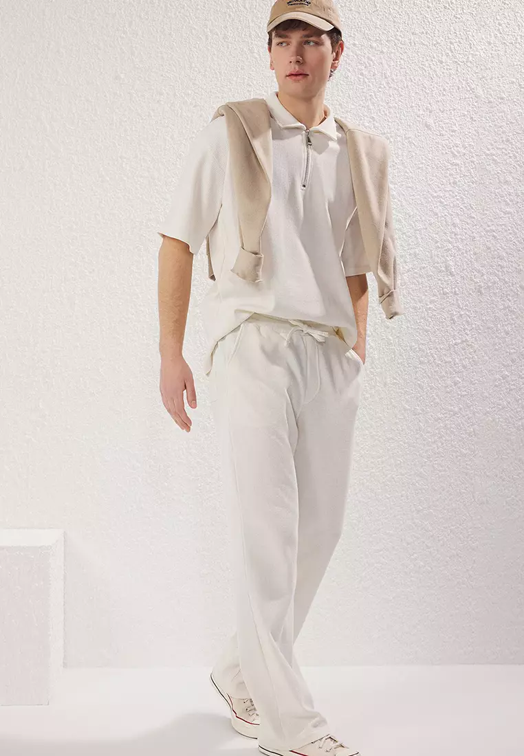 Ecru Wide Leg/Wide Cut Waffle Textured Sweatpants TMNSS25EA00000