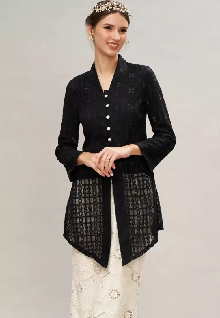 Black Checkered Lace Kebaya Top & Brokat Skirt