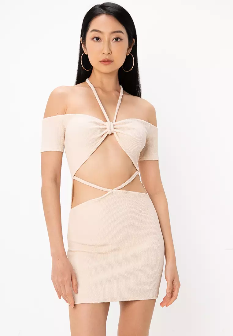 Crinkle Halter Cut Out Detail Mini Dress With Low Rise