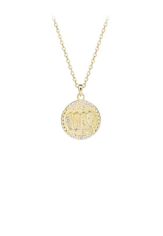 925 Sterling Silver Plated Gold Fashion Simple Twelve Constellation Virgo Geometric Round Pendant with Cubic Zirconia and Necklace - Luxurious Look