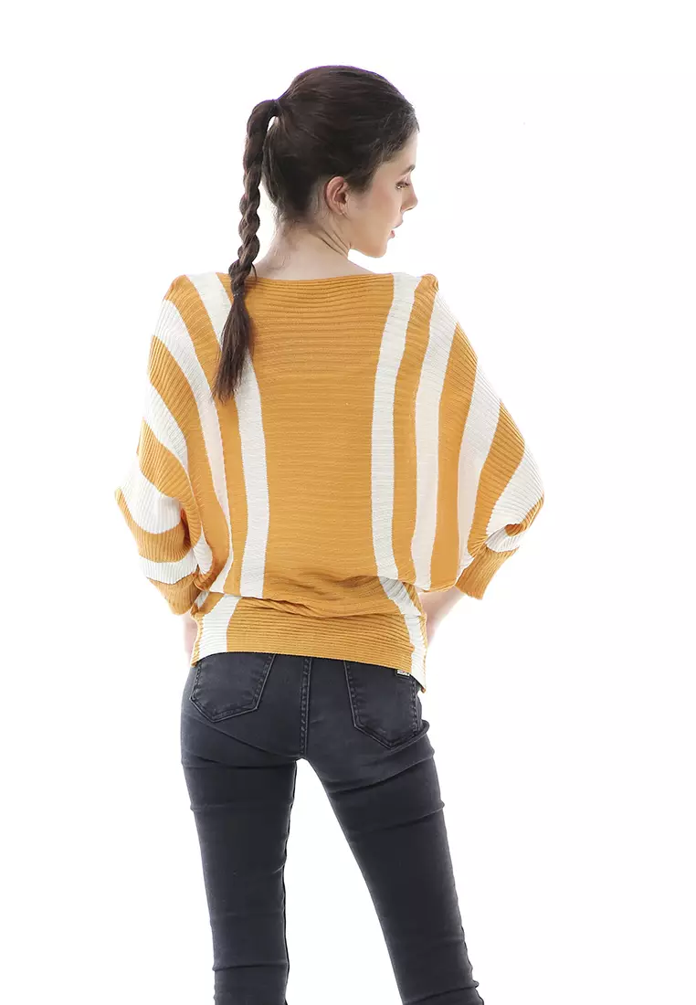 Viana Blouse Rajut Atasan Wanita Motif Zebra Stripe Oversize Jumbo Premium Quality - Mustard