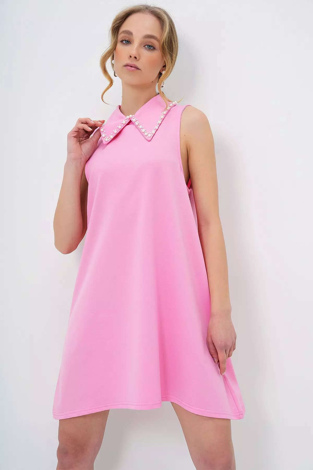 Women's Pink Faux Pearl Collar Sleeveless Basic Dress