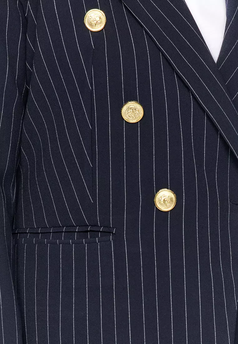 Navy Blue Striped Gold Buttoned Woven Jacket TBBAW24AG00027