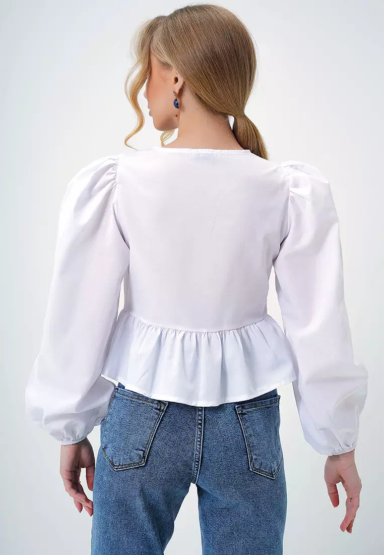 Women's White Crew Neck Bow Tie Princess Sleeve Poplin Blouse