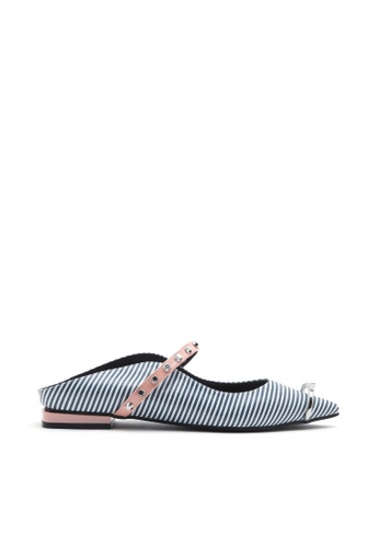 House of Avenues grey Ladies Stripe Print Flat Mule Embellished Ring Toe 4396 Light Grey CDED7SHFF3485BGS_1