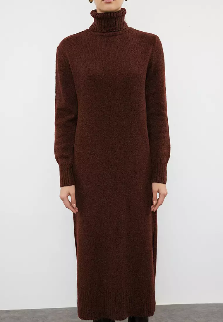 Brown Midi Wide Fit Soft Texture Knitwear Dress
