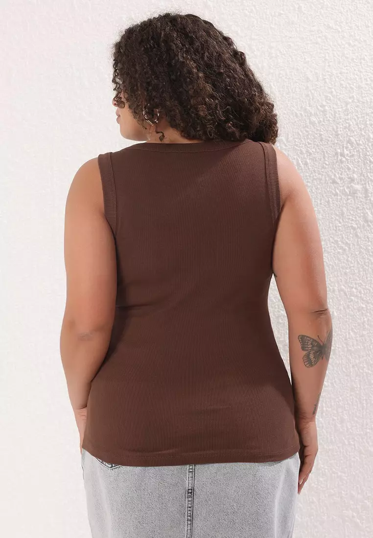 Brown Accessory Detail Ribbed Knitting Big Size Athlete TBBSS25CV00001