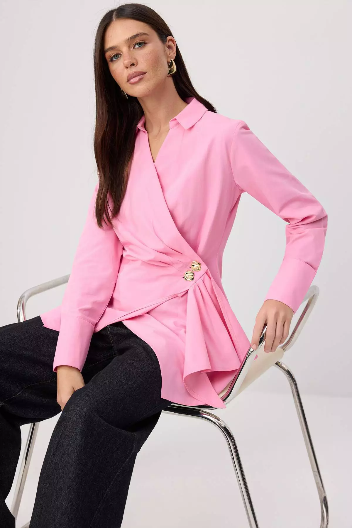 Pink Double-Breasted Regular Fit Shirt With Metal Accessory Detail