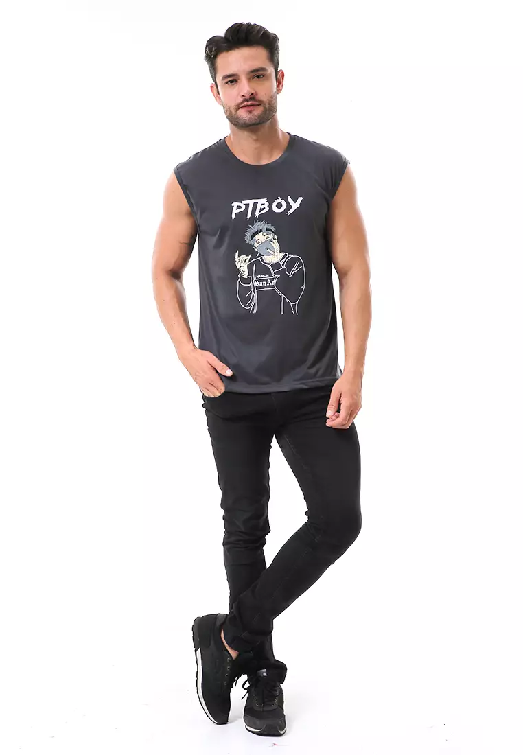 Bobby Atasan Kasual Pria Singlet Motif Ptboy Sleeveless Tshirt Material Cotton ORIGINAL - Gray