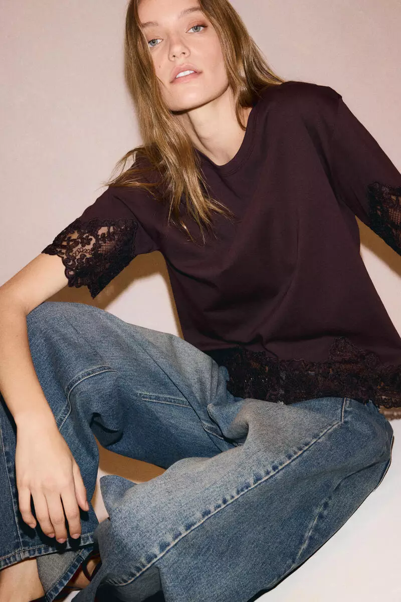 Lace-trimmed cotton T-shirt