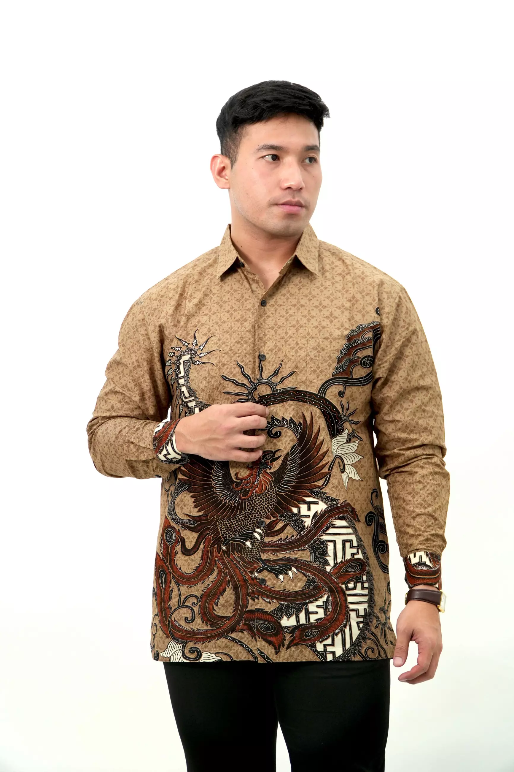Kemeja Batik Lengan Panjang Cokelat Motif Burung 16807