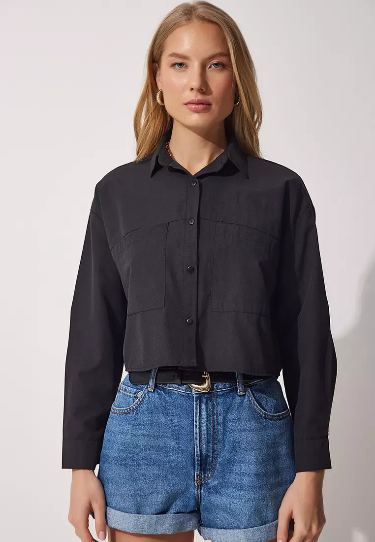 Oversized Crop Poplin Shirt with Pockets
