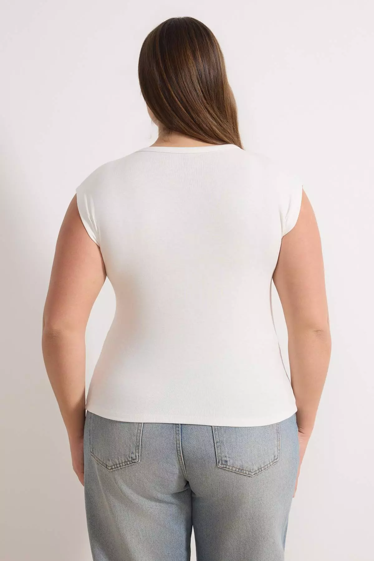 Ecru Viscose Ribbed Flexible Comfortable Basic Knitted Plus Size Blouse Tbbss26Af00053