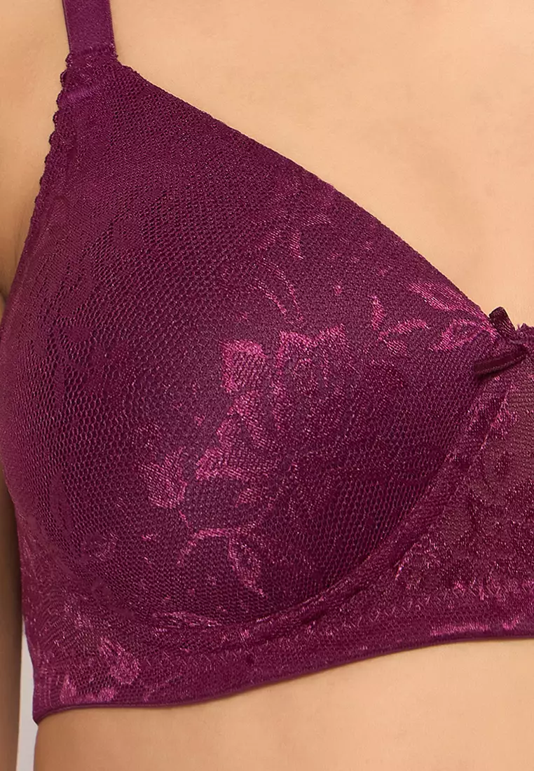 Clovia Lace Padded Non-Wired Full Coverage Bra in Purple