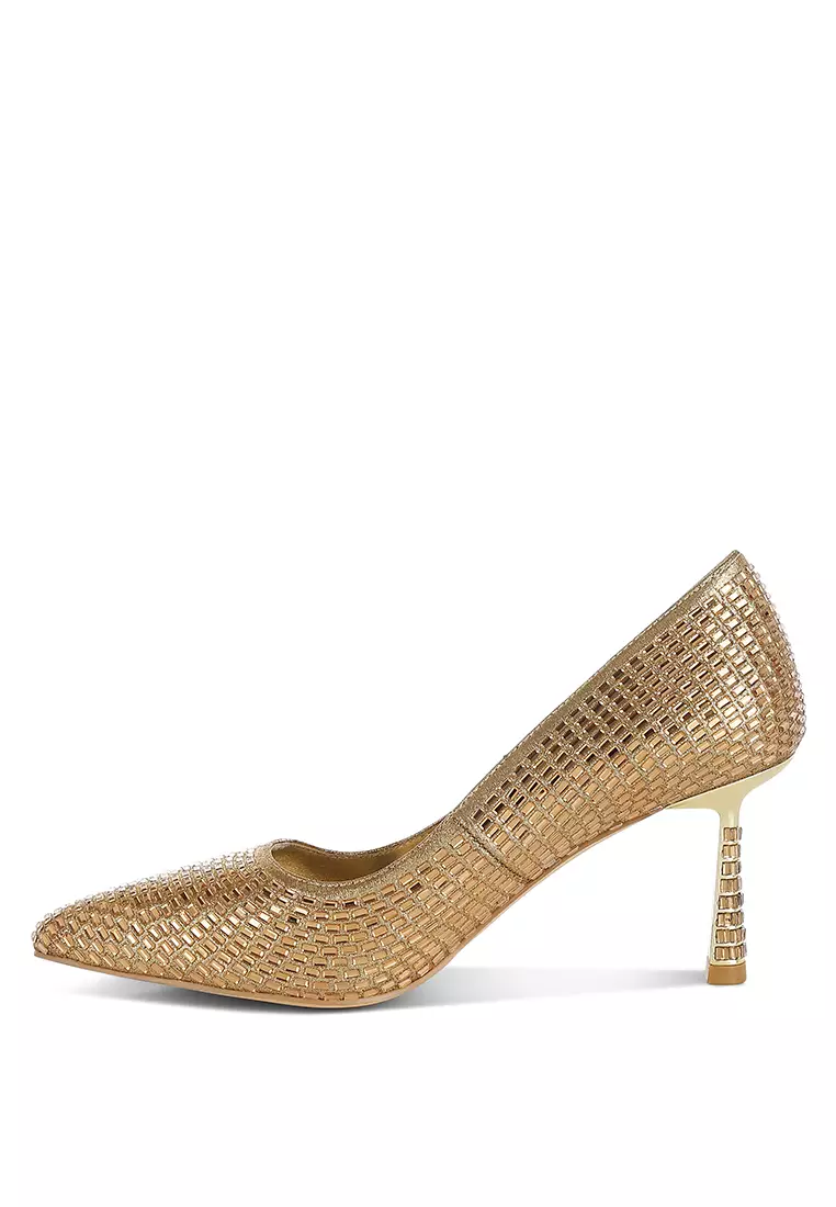 Sepatu Pumps Berhias Berlian Imitasi Warna Emas