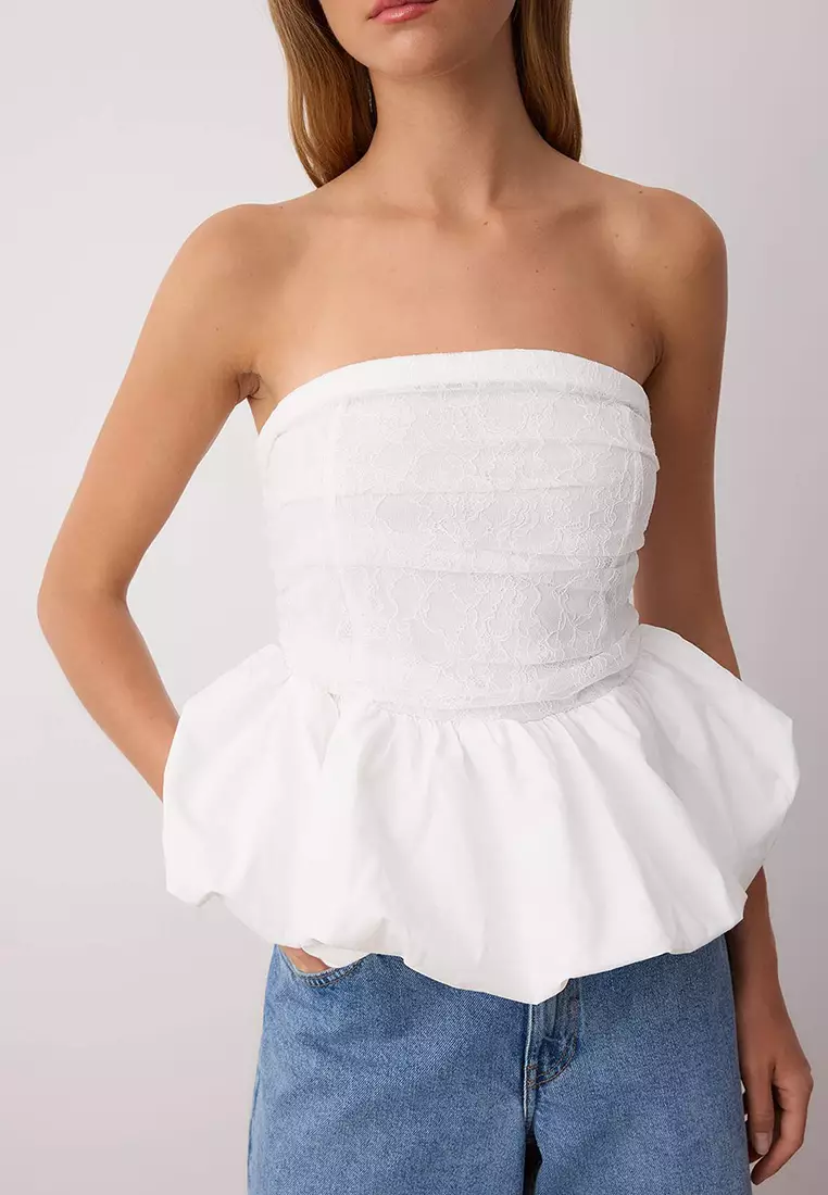 White Strapless Lace Detail Peplum Party Blouse