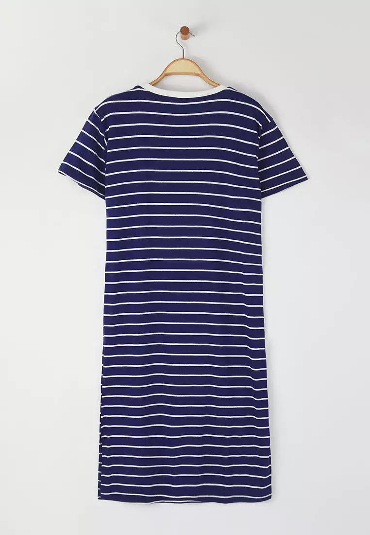 Navy Blue Crew Neck Striped Knitted Plus Size Dress Tbbss25Ah00087