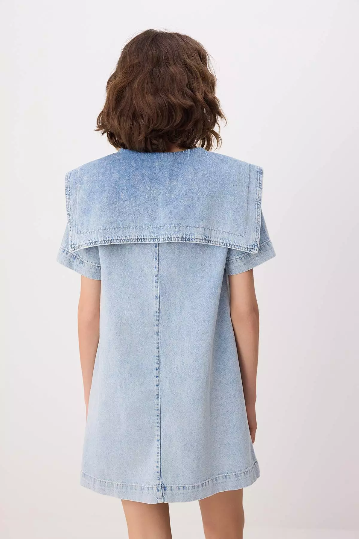Light Blue Baby Collar Detailed 1% Cotton Mini Denim Dress Twoss26El41