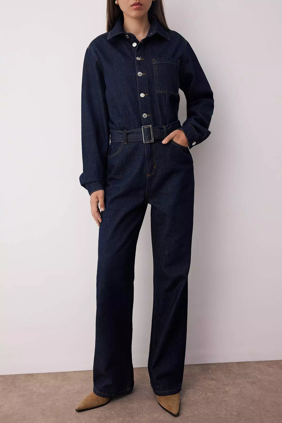 Dark Blue Belted Wide Leg Denim Overalls Twoaw26Tu00003