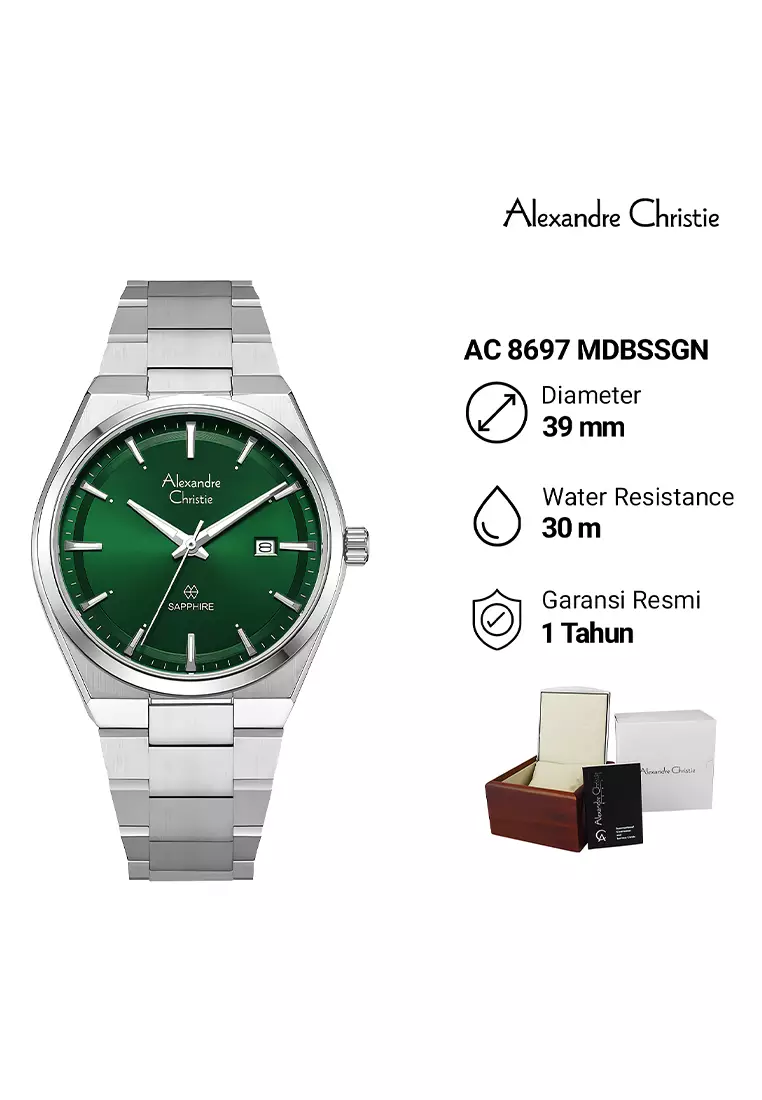 Alexandre Christie Sapphire Jam Tangan Analog Couple Silver Green Stainless Steel - 8697MLDBSSGN