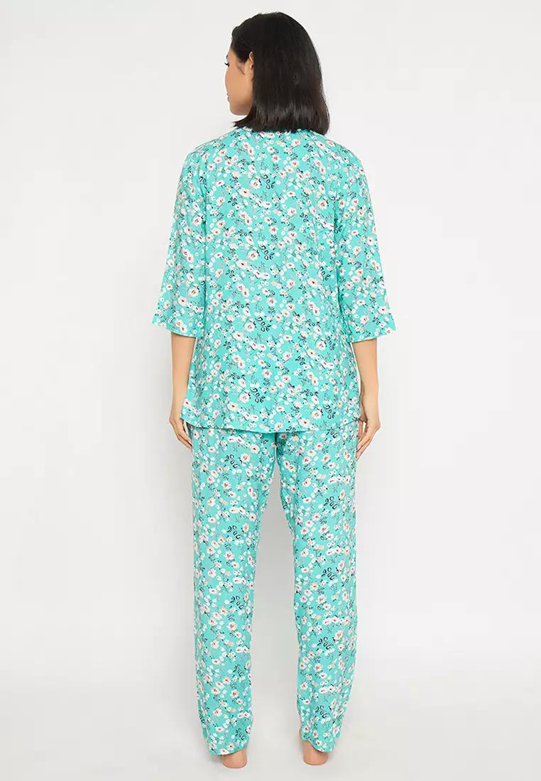 Clovia Floral Print Top & Pyjama Set in Sky Blue - Rayon