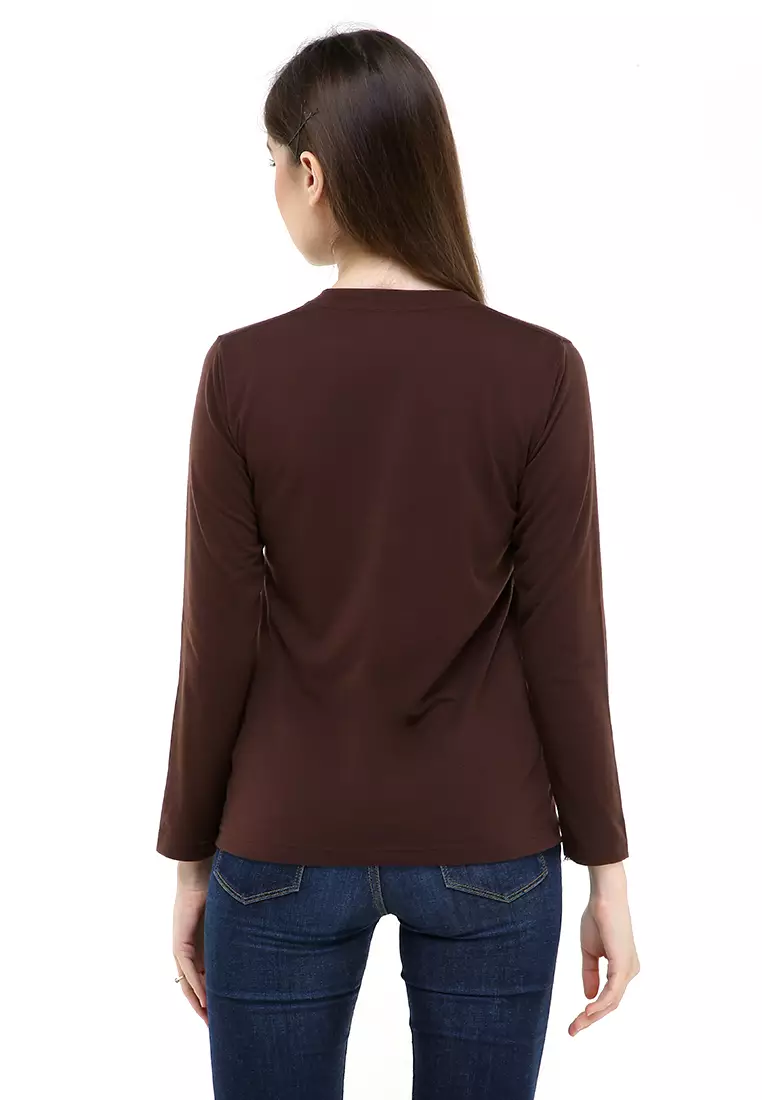 Seth Tshirt Long Sleeve Motif Polos Design Simple Atasan Wanita - Coklat