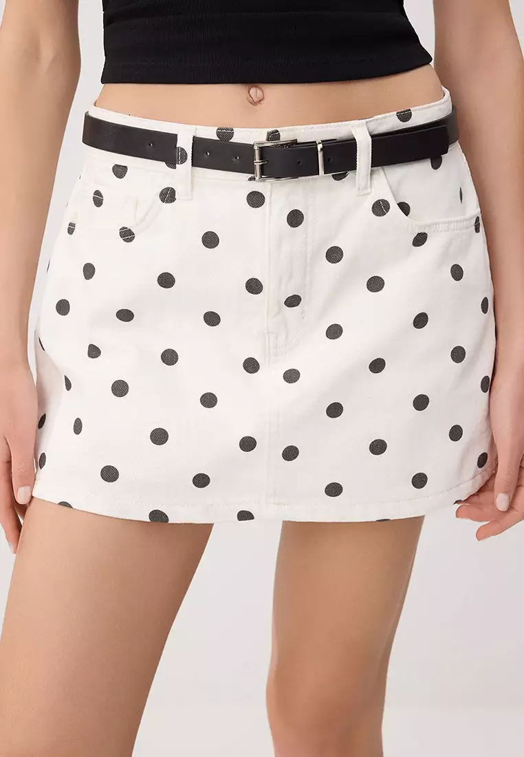 Multi-Colored Polka Dot Patterned Belt Detailed Back Skirt-Looking Denim Shorts Skirt Twoaw26Sr2