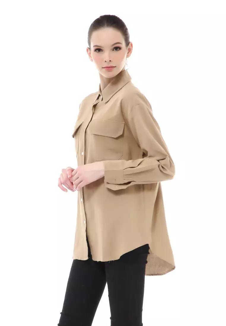 Brielle Atasan Wanita Kemeja Oversize Lengan Panjang Double Pocket Material Linen ORIGINAL - Mocca