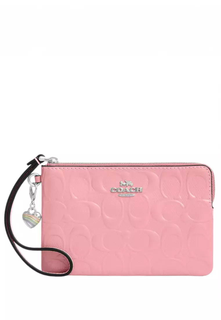 アクセサリー COACH Heart Signature Pink Charm Buy COACH Corner Zip Wristlet In Signature Leather With Heart