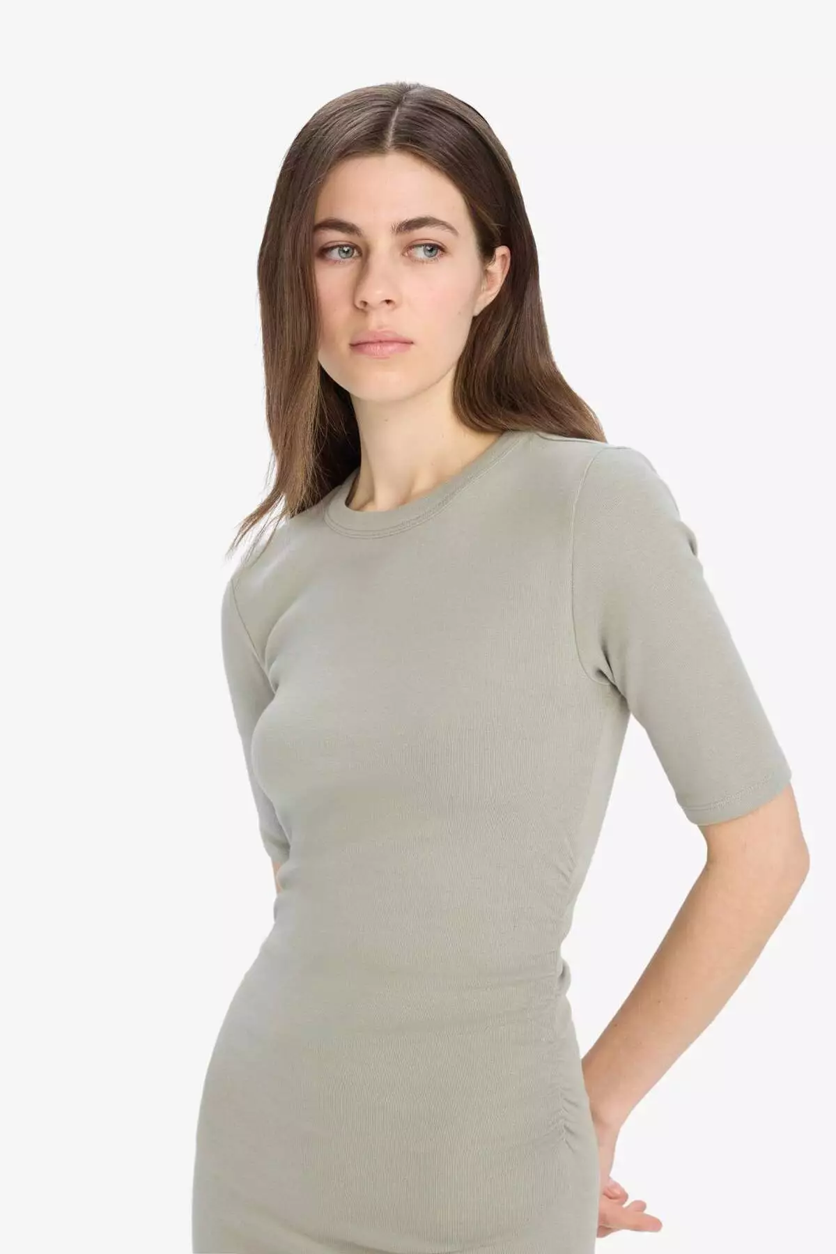 Bodycon Body Hugging Crew Neck Basic Plain Rib Short Sleeve Midi Dress E6003Ax25Sp