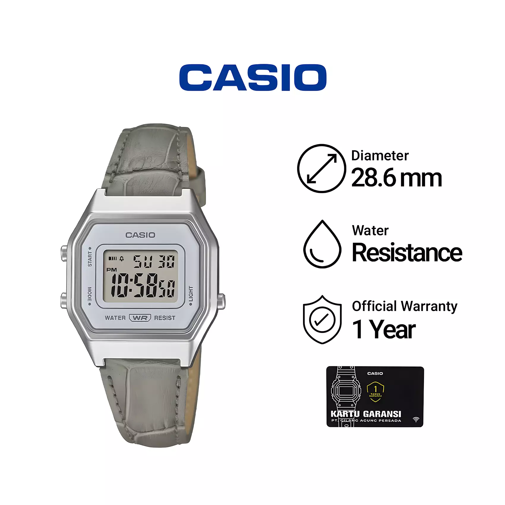 Casio Vintage - Jam Tangan Digital Wanita - Silver Dial - Grey Leather Strap - LA680WEL-8A2