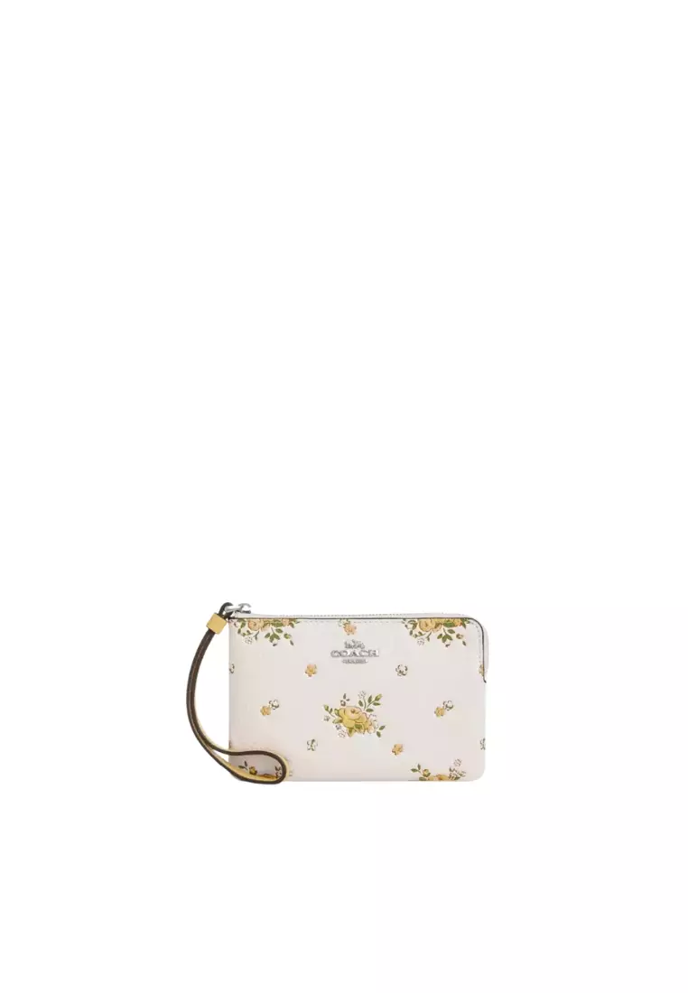 Leather Wallets Coach Wallet White With Flowers Gold/Light Khaki