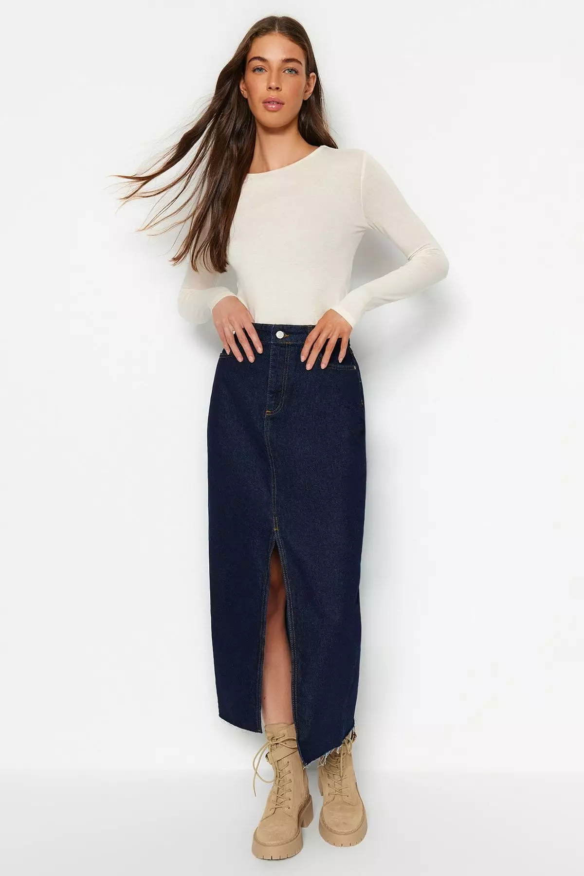 Dark Blue More Sustainable Slit Maxi Denim Skirt TWOSS23ET00290