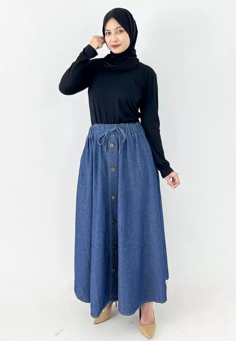 Vanya Denim Flare Skirt (Rok Panjang Muslim Wanita A-Line) Fit BB 95 kg
