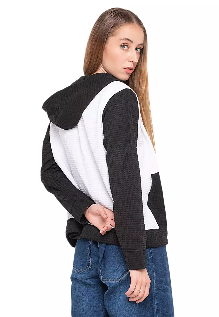Hernie Long Hoodie Dual Tone Color Lengan Panjang Outerwear Atasan Wanita - Putih