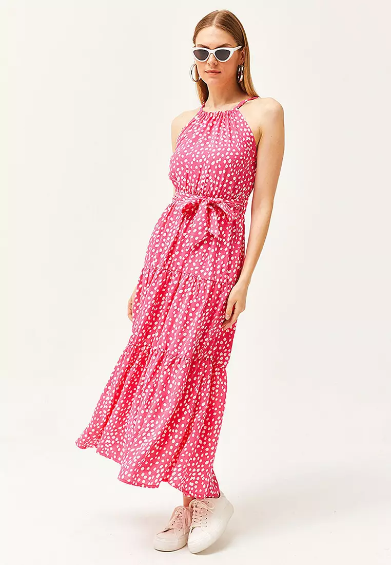 Halter Neck Belted Woven Viscose Dress