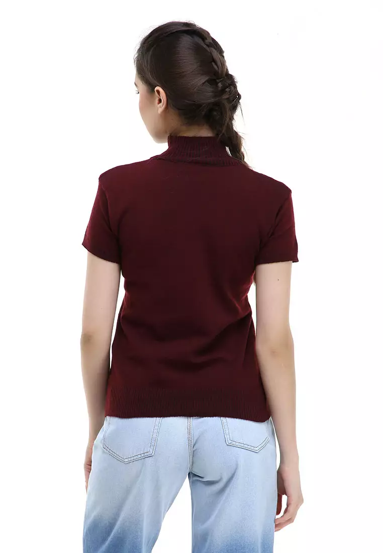 Earl Tshirt Lengan Pendek Turtleneck Design Simple Atasan Wanita - Maroon