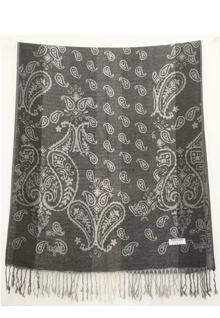 Aksesoris Wanita Reversible Viscose Gradient Paisley Pattern Pashmina Shawl Syal Gradasi Wanita Graphite Black
