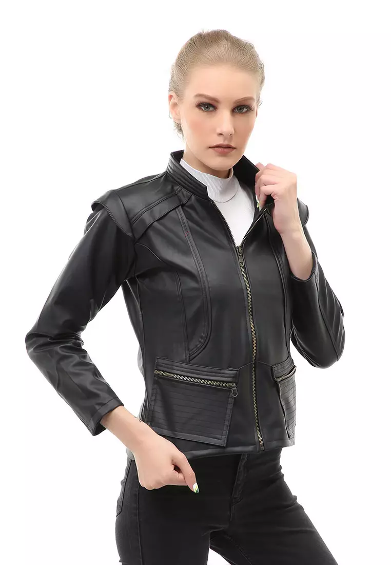 Glenice Jacket Kulit Casual Wanita Zipper Pocket Material Leather ORIGINAL - Black