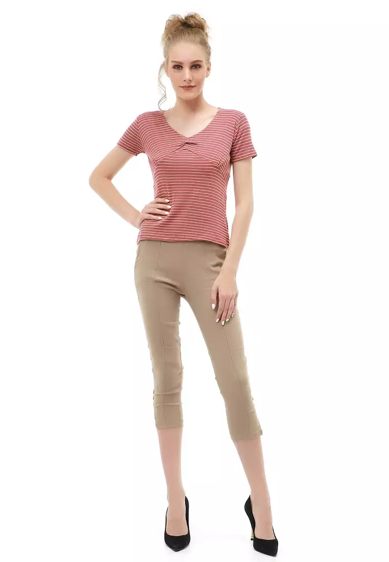 Genevie Blouse Kasual Wanita Lengan Pendek Model Salur Variasi Kerut Tengah Material Cotton ORIGINAL - Bata