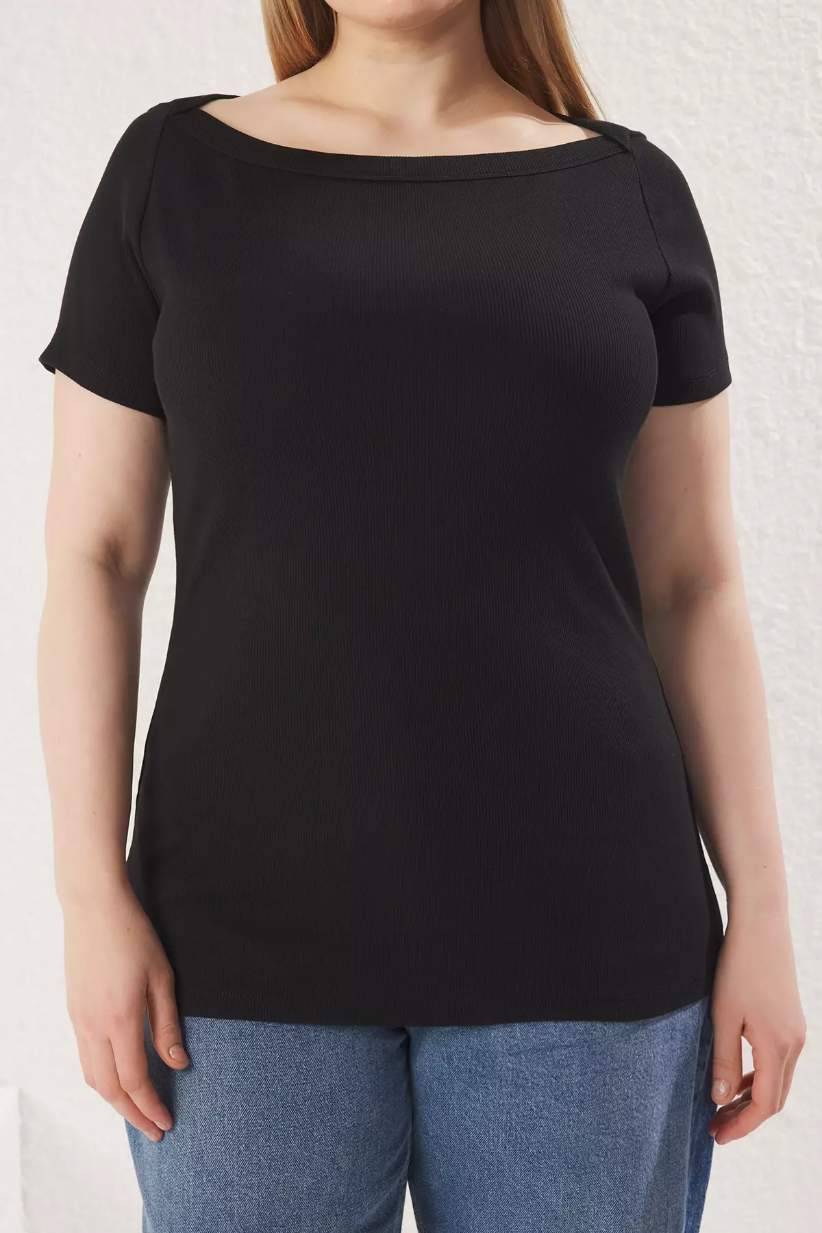 Plus Size Boat Neck Ribbed Top